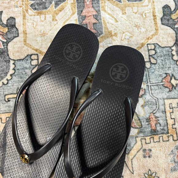 Tory Burch Wedge Flip Flop Sandals Platform Y2k Black Women's Size 7 - Picture 3 of 11